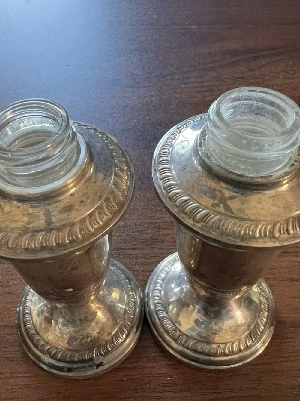 Vintage Sterling Silver Weighted Salt & Pepper Shakers Glass Lined By Crown 200g